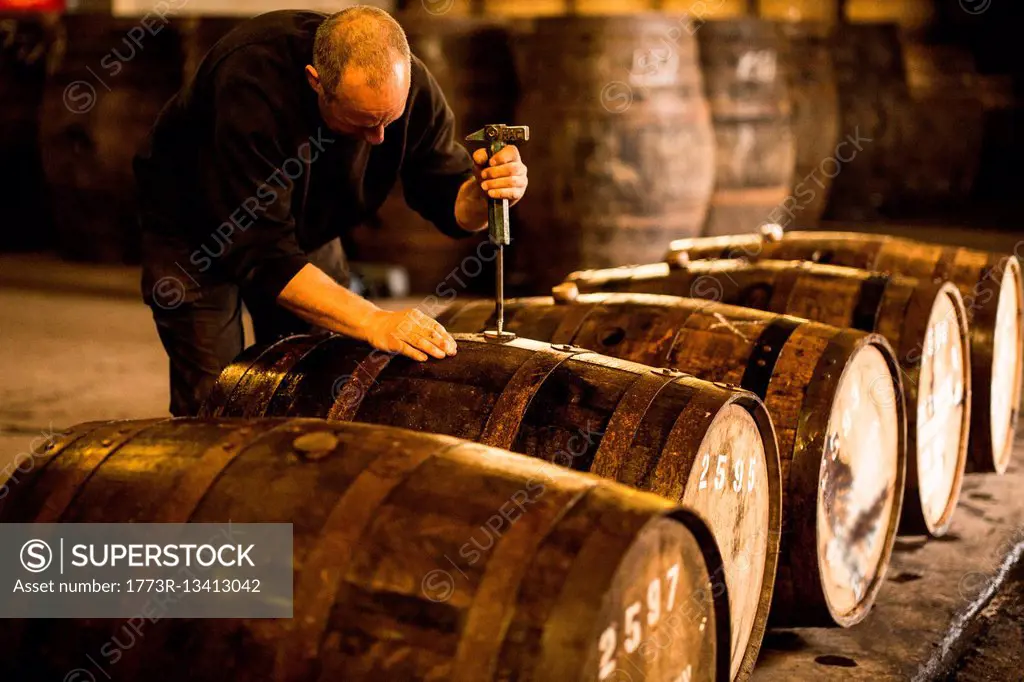 Male worker opening wooden whisky cask in whisky distillery
