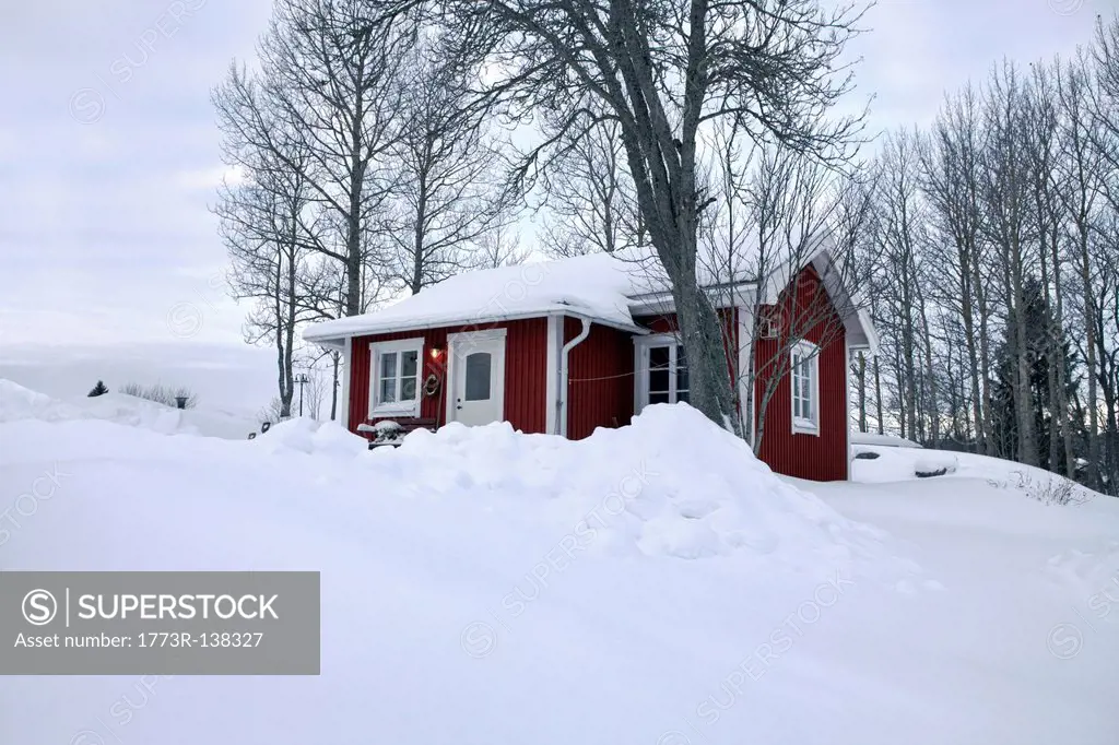 Snowed in red cottage