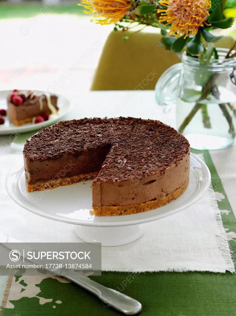 Chocolate cake on serving platter