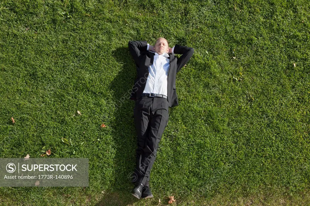 Businessman laying in grass