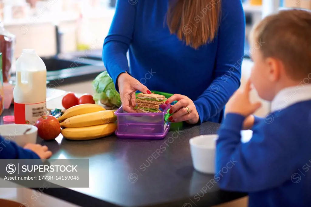 Cropped view of mother packing her school children's lunch box in kitchen