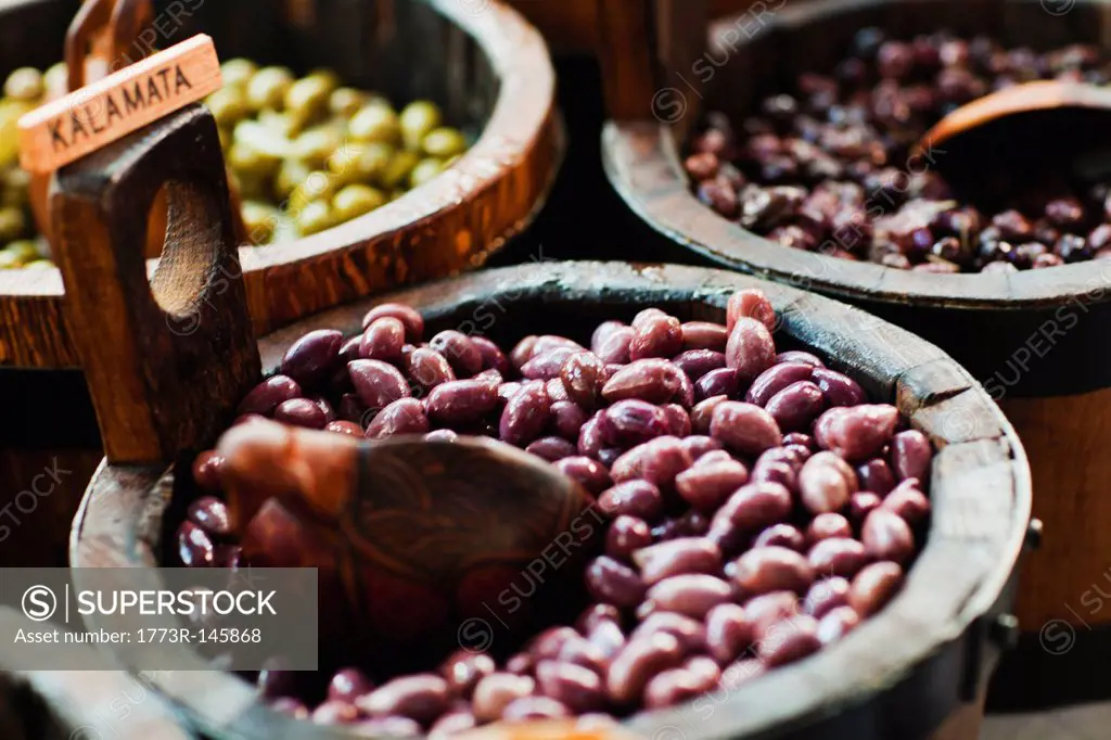 Close up of bowl of kalamata olives