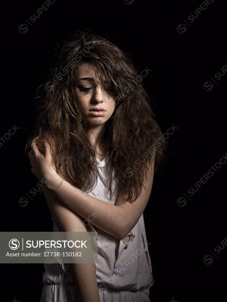 Crying girl with messy hair