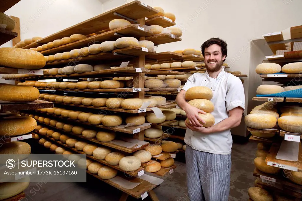 Portrait of cheese maker carrying hard cheeses for inspection, in ageing room where hard cheeses are stored