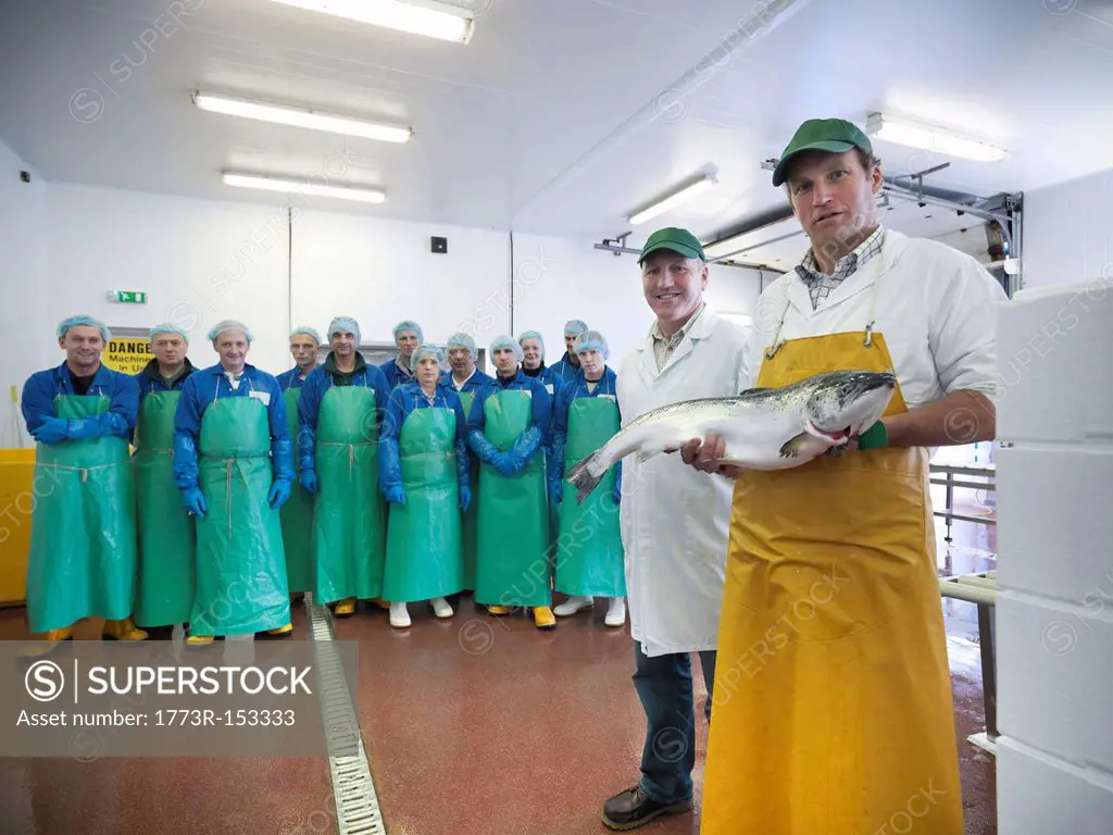 Workers in fish processing plant