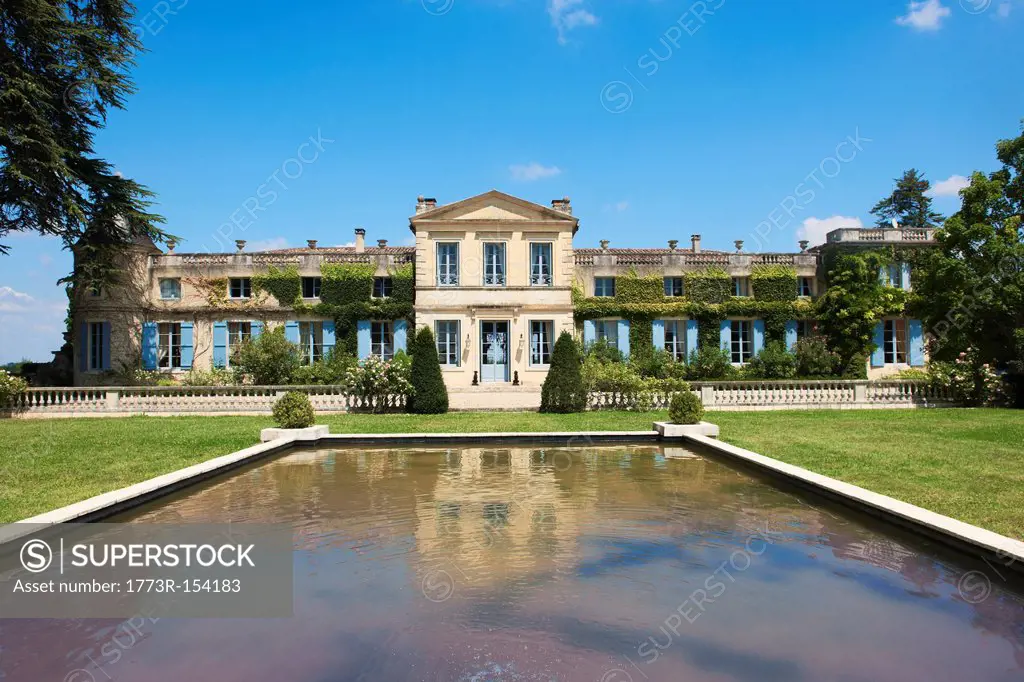 Pond in courtyard of French chateau