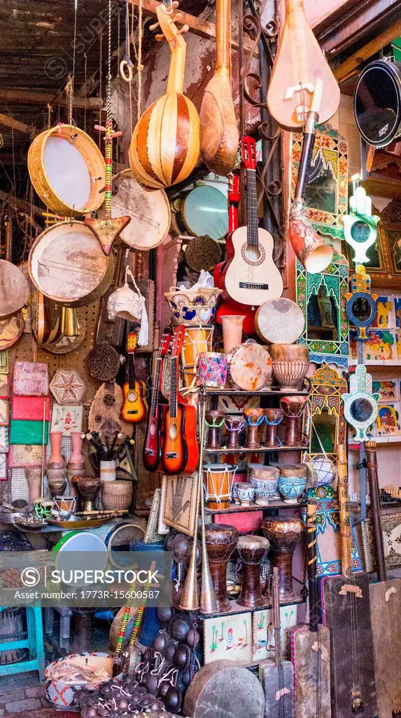 Shop full of traditional musical instruments, Marrakech, Morocco