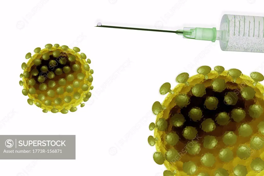 Close up of virus atoms and syringe