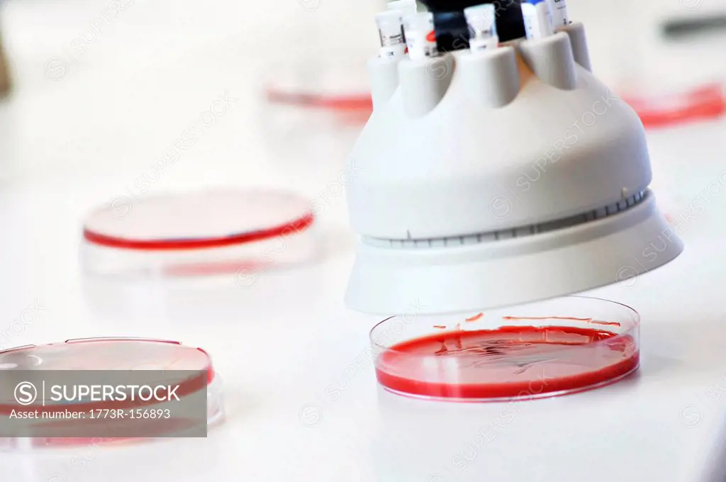 Tool hovering over petri dishes in lab