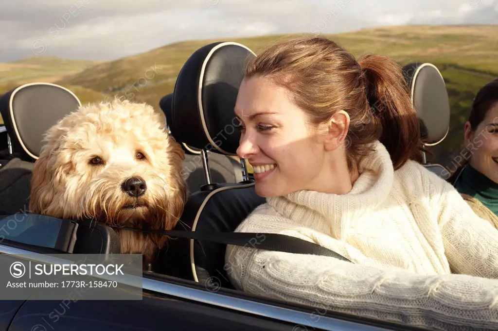 Women and dog driving in rural landscape