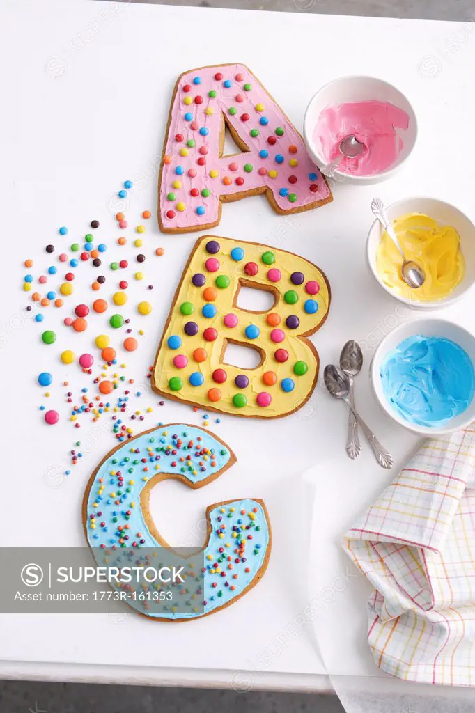 Decorated cookies in letter shapes