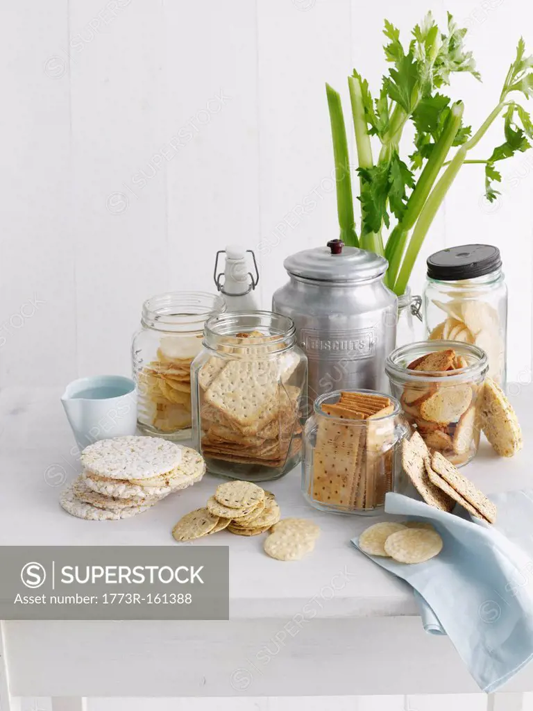 Jars of crackers and flatbreads