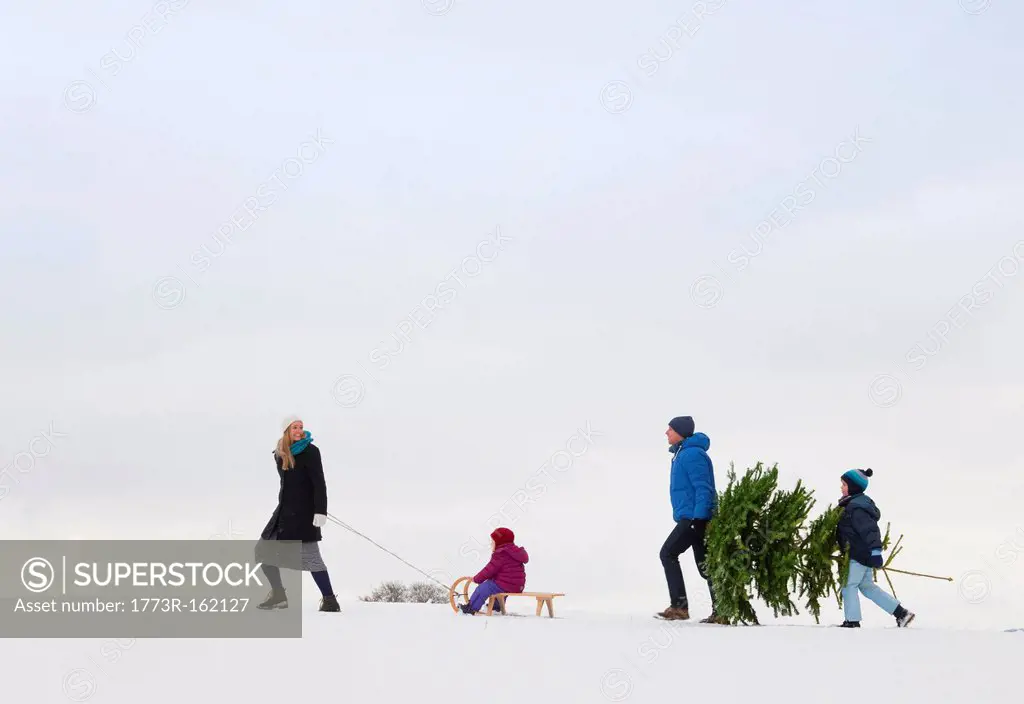 Family walking together in snow