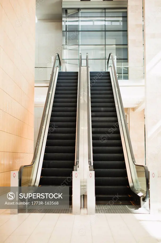 Empty escalators in lobby