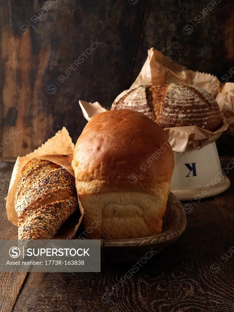 Freshly baked breads in bowls