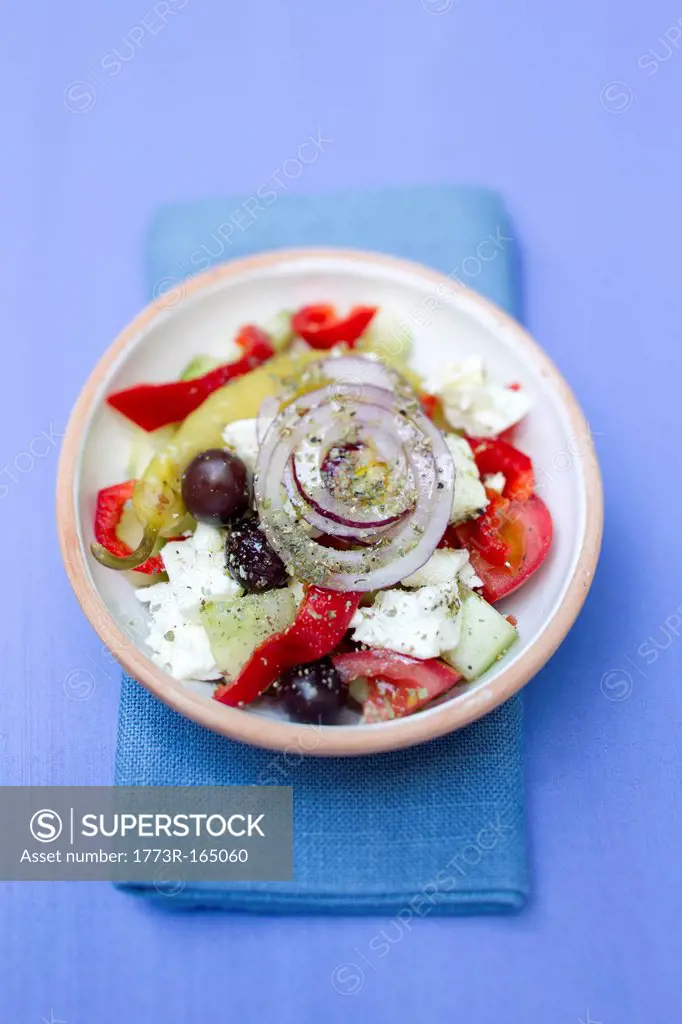 Close up of bowl of Greek salad