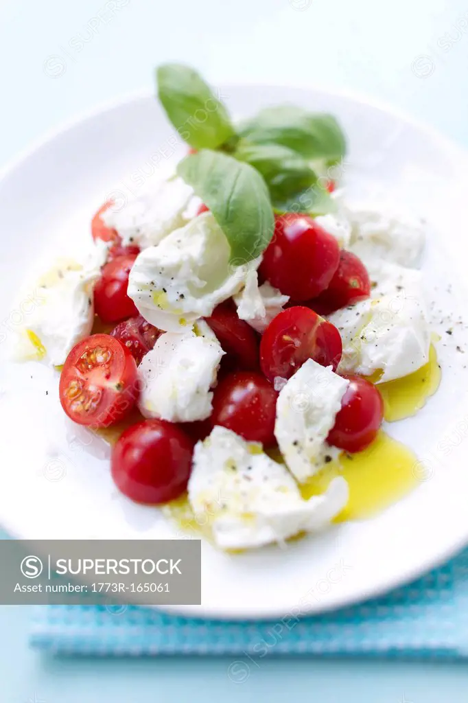 Close up of plate of tomatoes with mozzarella