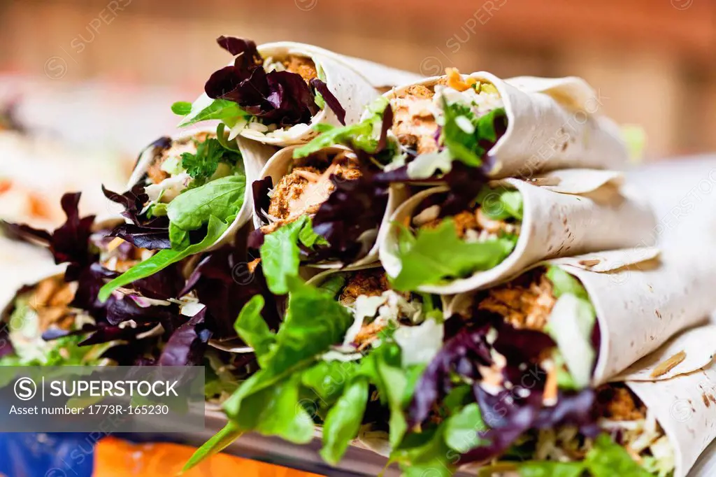 Close up of stack of cajun chicken wraps