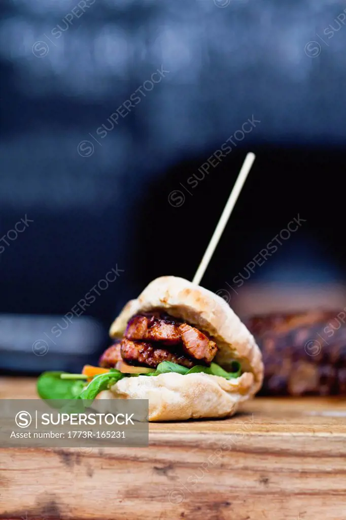 Close up of skewered rump steak burger