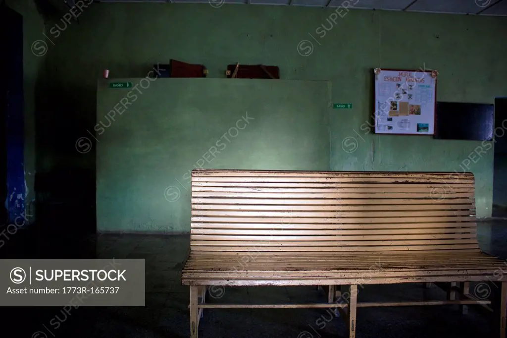 Wooden bench in waiting area
