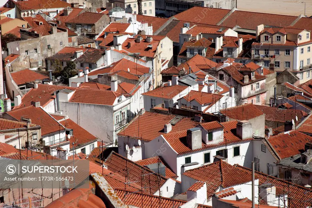 Aerial view of village rooftops
