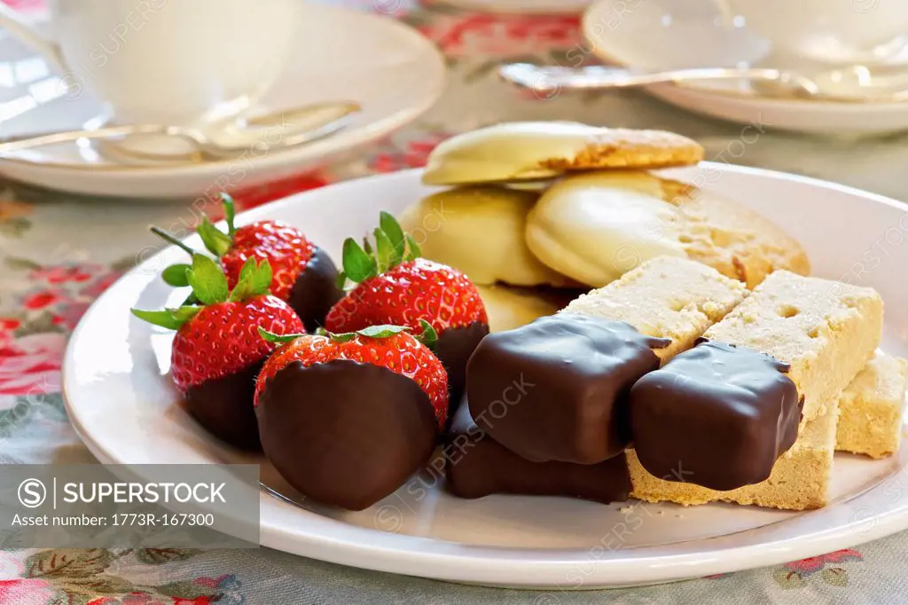 Plate of chocolate dipped desserts