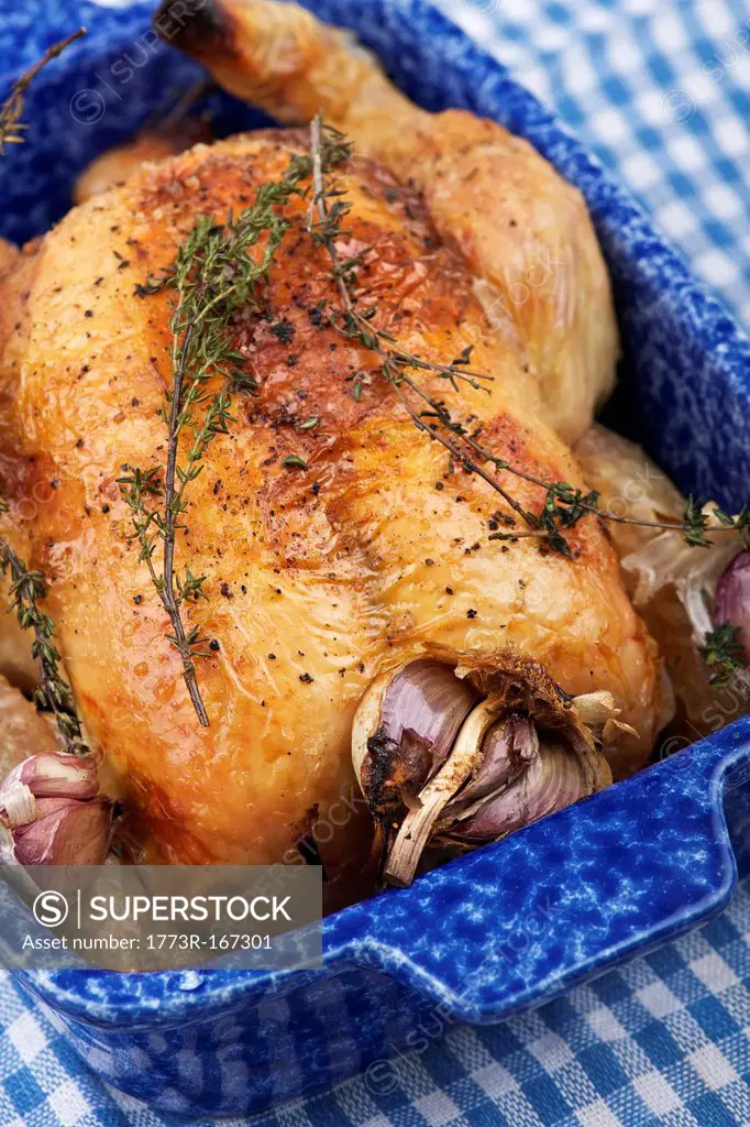 Dish of roast chicken with onions