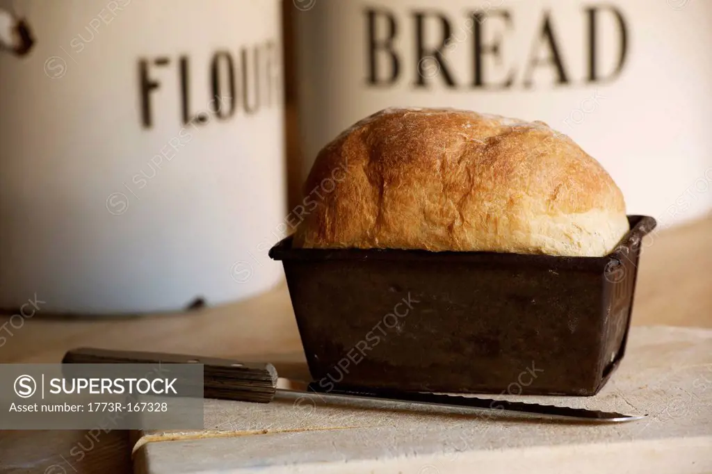 Close up of bread in loaf tin
