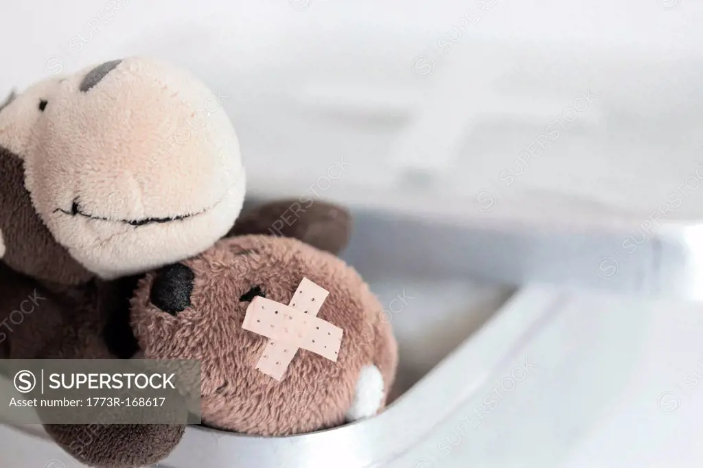 Stuffed animal with bandage on stomach