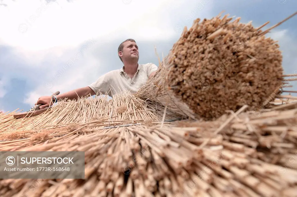 Man working on straw roof