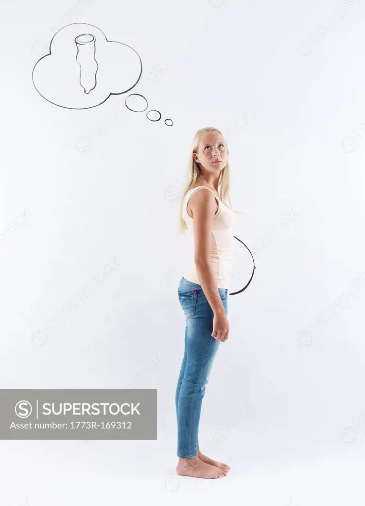 Condom in thought bubble over girl