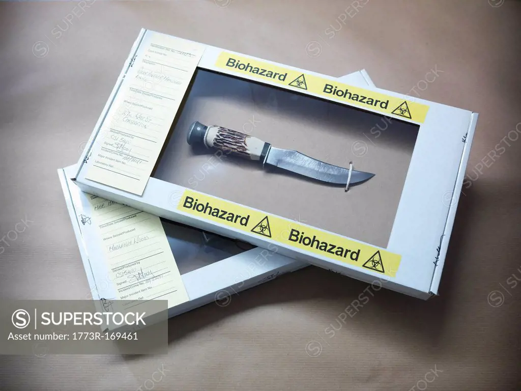 Knife in forensic biohazard box