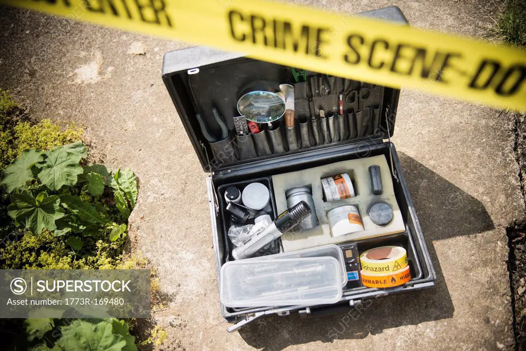 Box of forensic equipment at crime scene