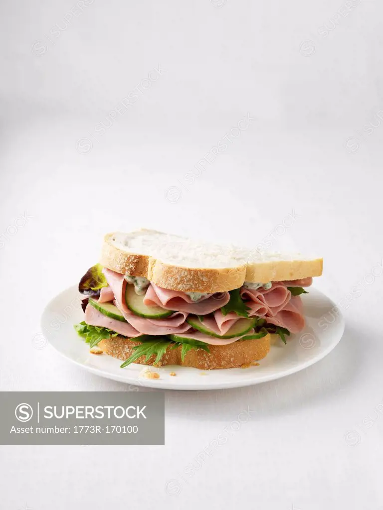 Ham and cucumber sandwich on plate