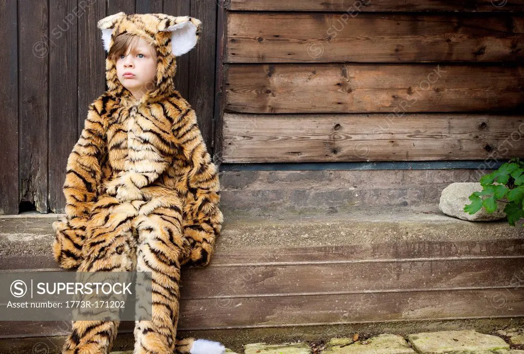 Boy wearing tiger costume outdoors