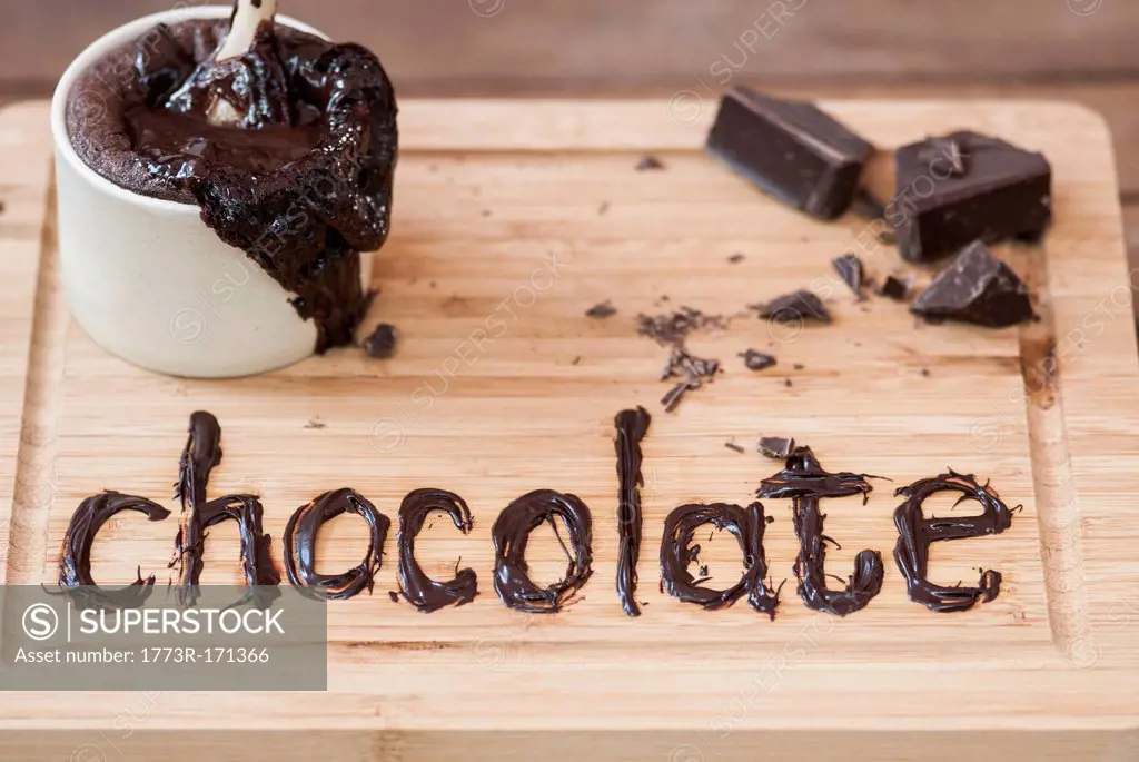 Chocolate written on cutting board