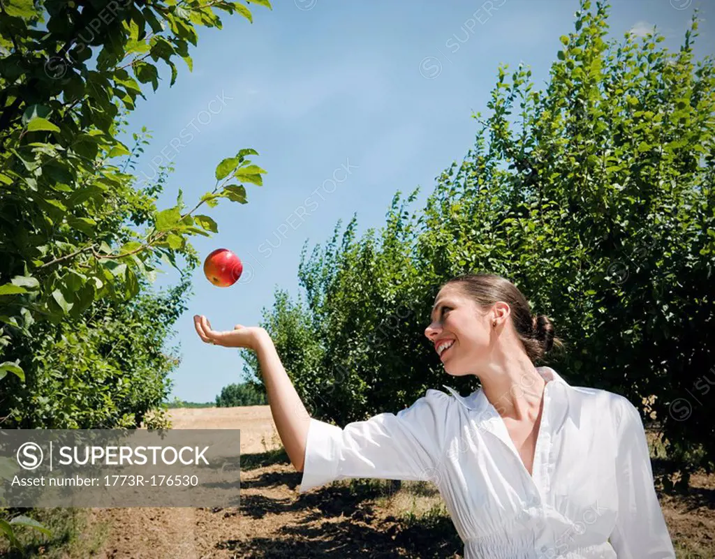 Woman catching apple in orchard