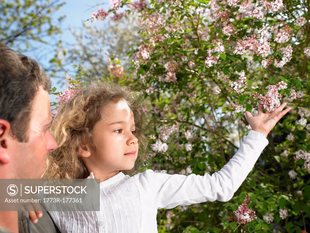 Man and young girl standing beside a flowering tree