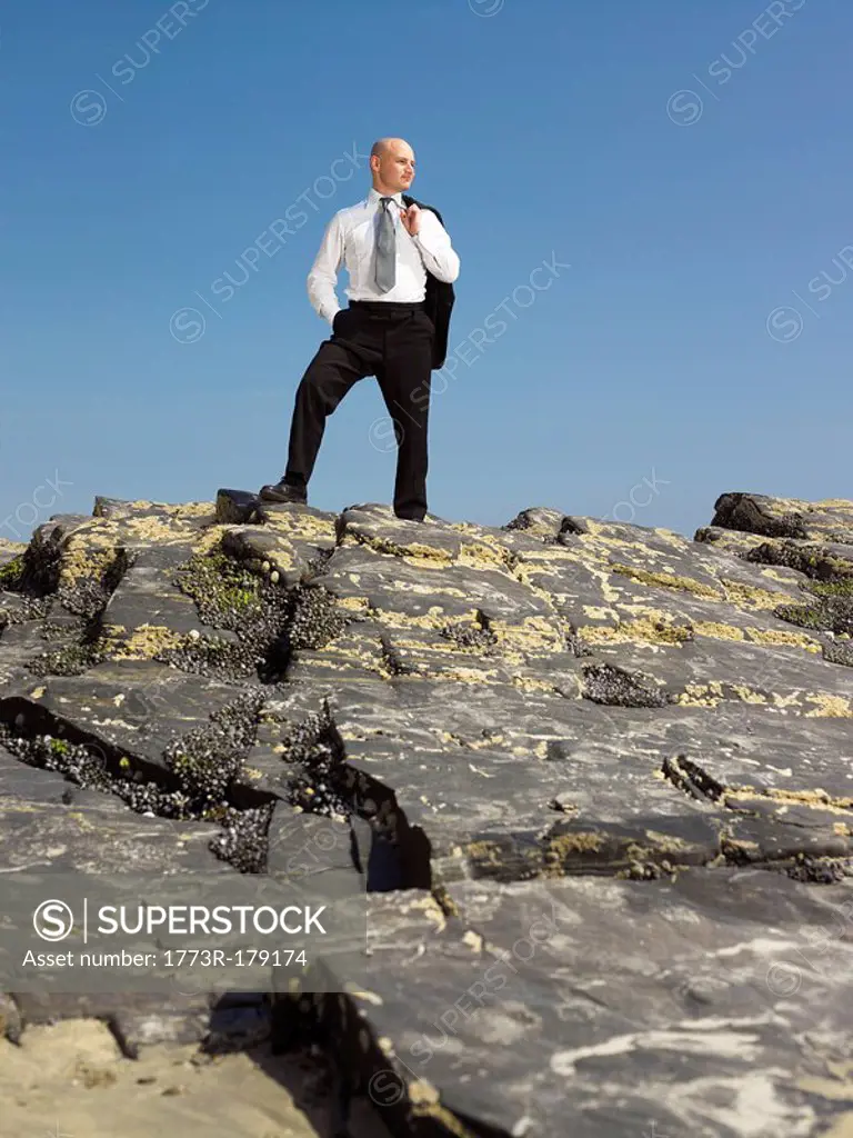 Businessman standing on rock