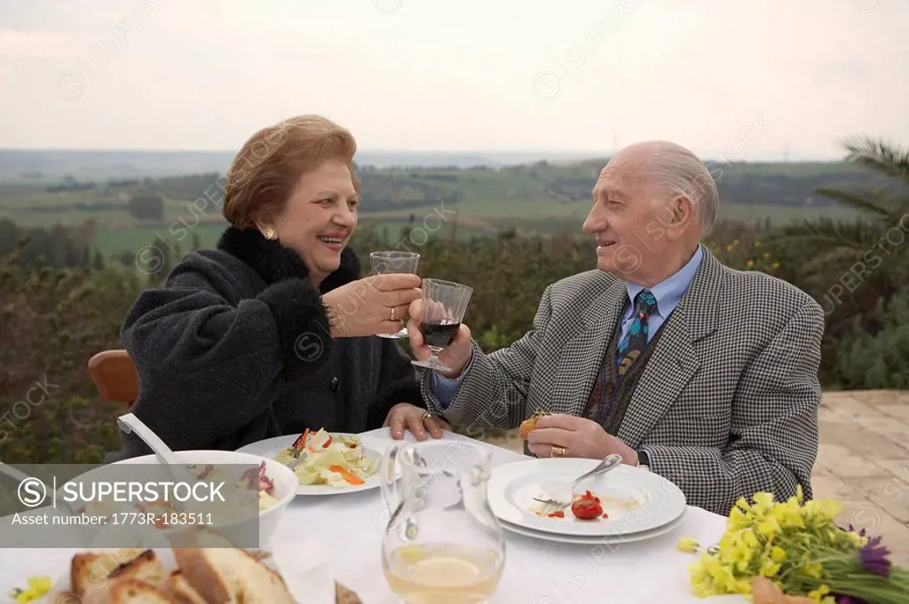 Senior couple toasting outdoors