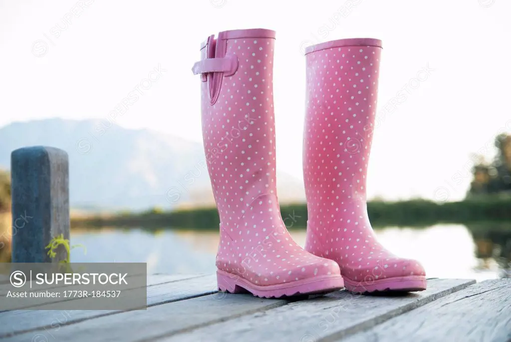 Pink rainboots on wooden dock