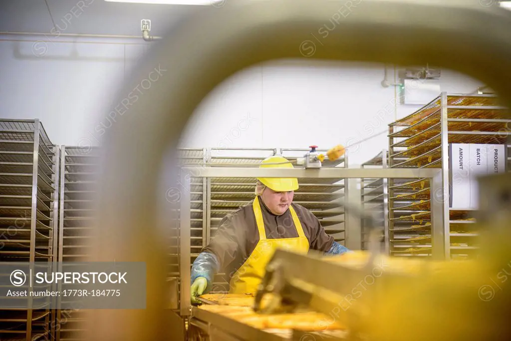 Worker examining smoked fish in factory
