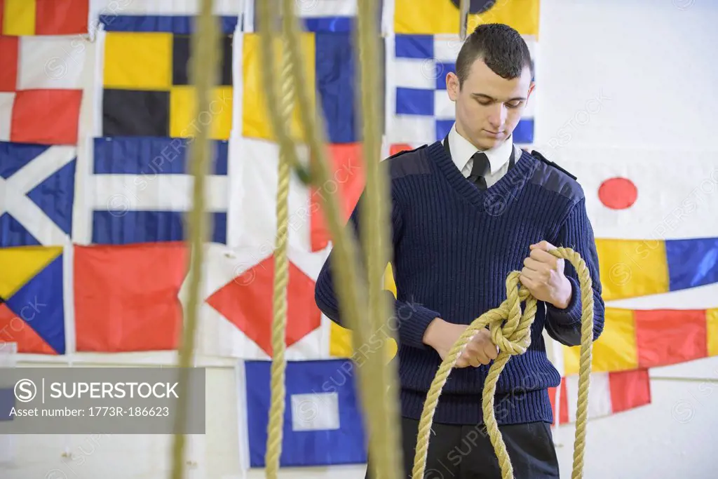 Nautical student learning to splice rope