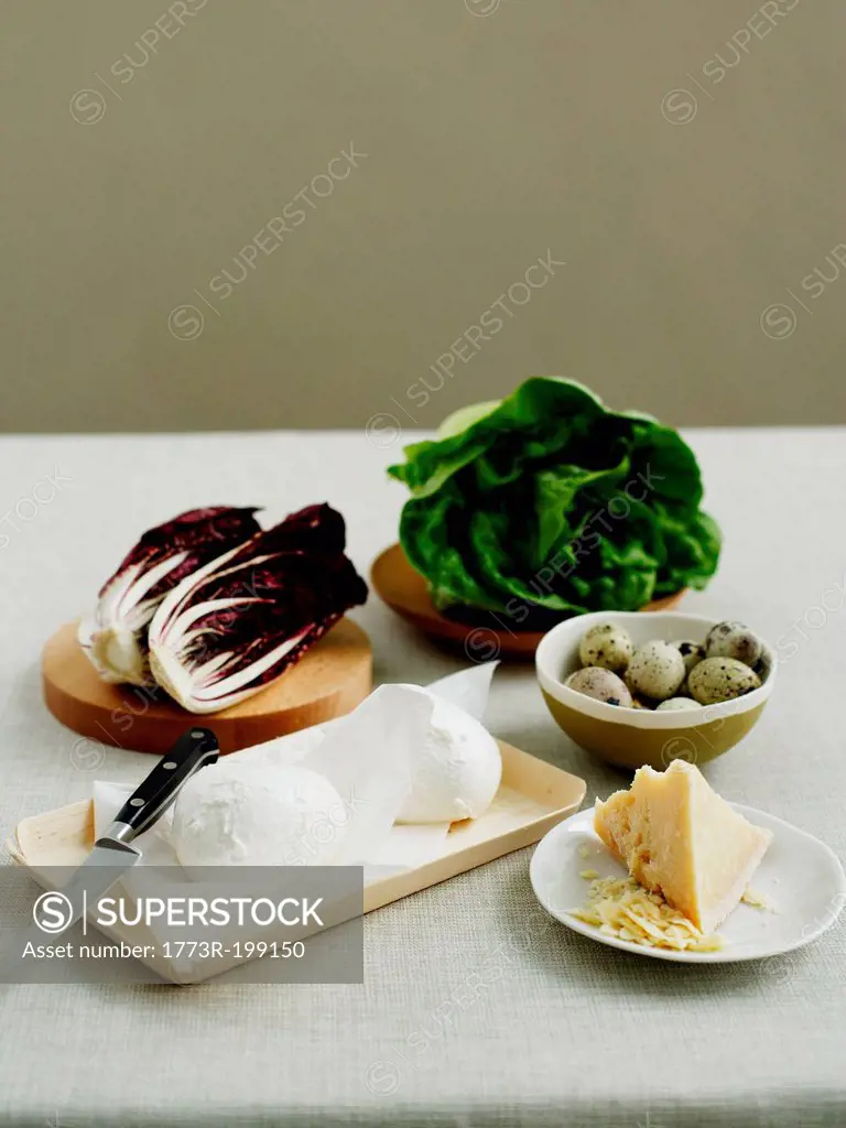 Bocconcini cheese, radicchio, butter lettuce, quail eggs and parmesan
