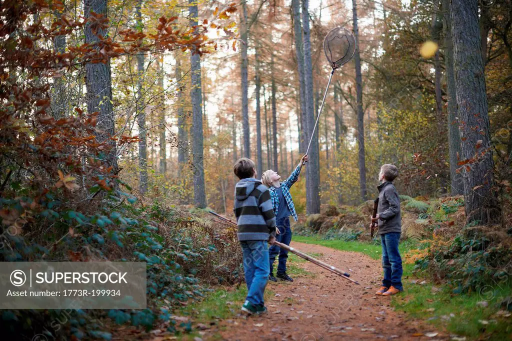 Boys walking through forest with fishing equipment