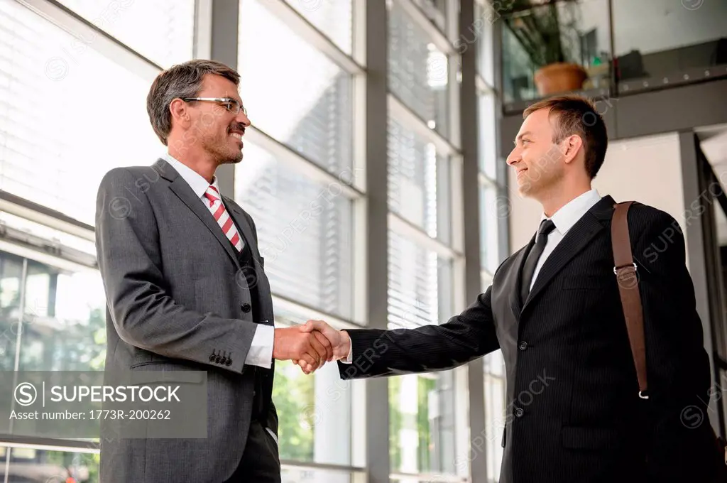 Businessmen shaking hands in lobby