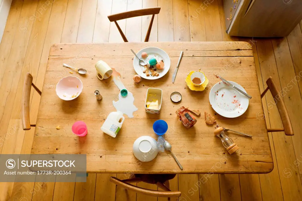 Overhead view of breakfast table with eaten food and messy plates