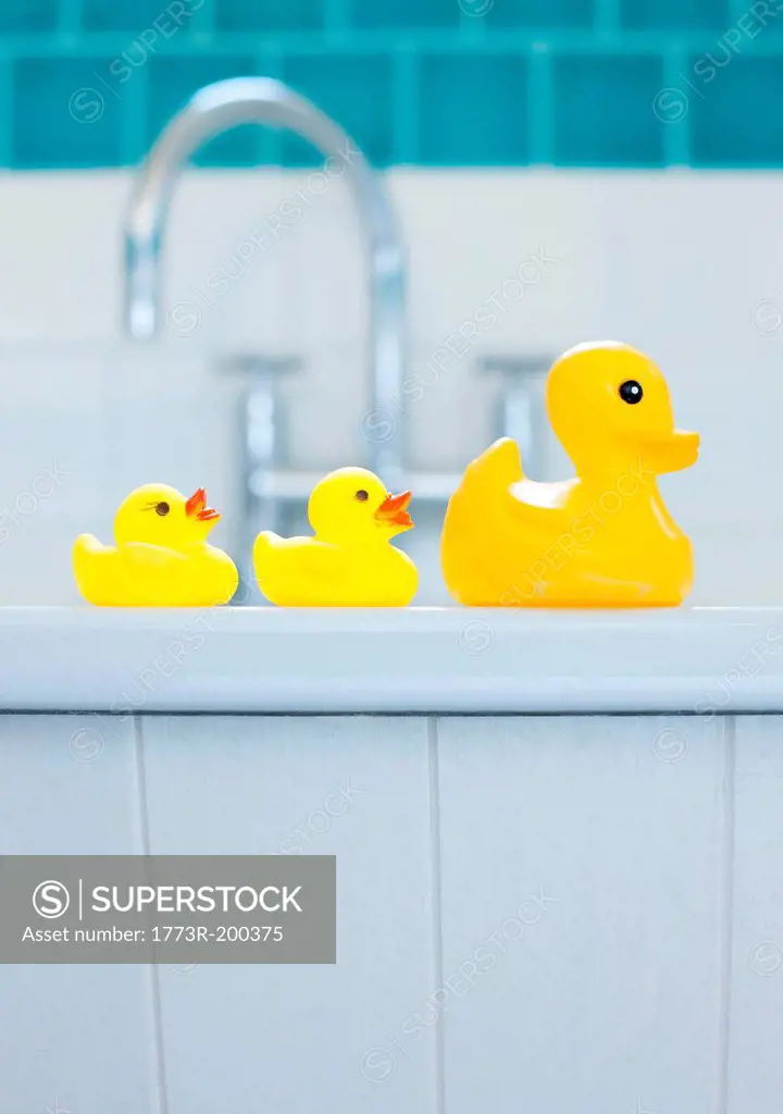 Row of three yellow rubber ducks for bathtime