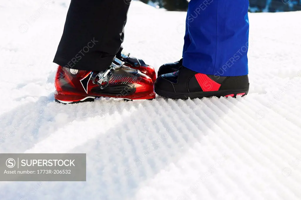 Snowboarders with boots together