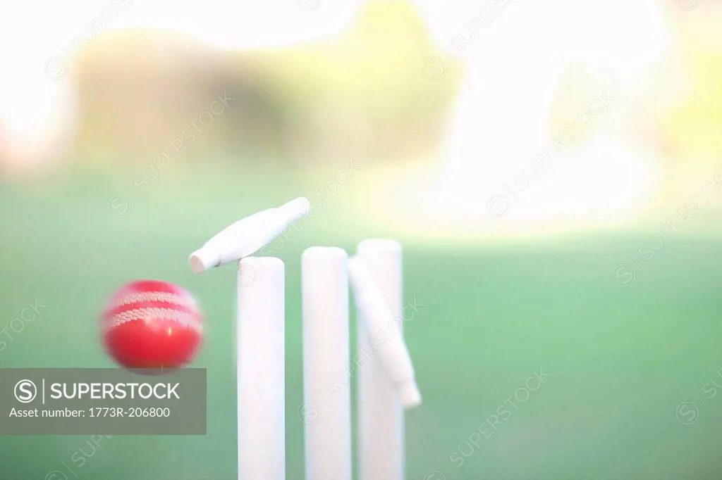 Cricket ball hitting cricket stumps, close up